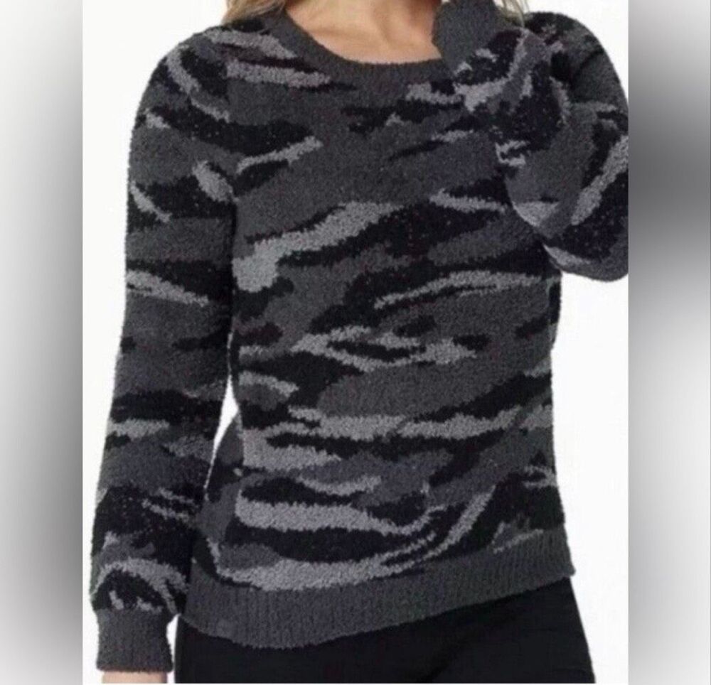 Barefoot Dreams CozyChic Women's Seaside Crew Neck Pullover Carbon Camo XL NWT